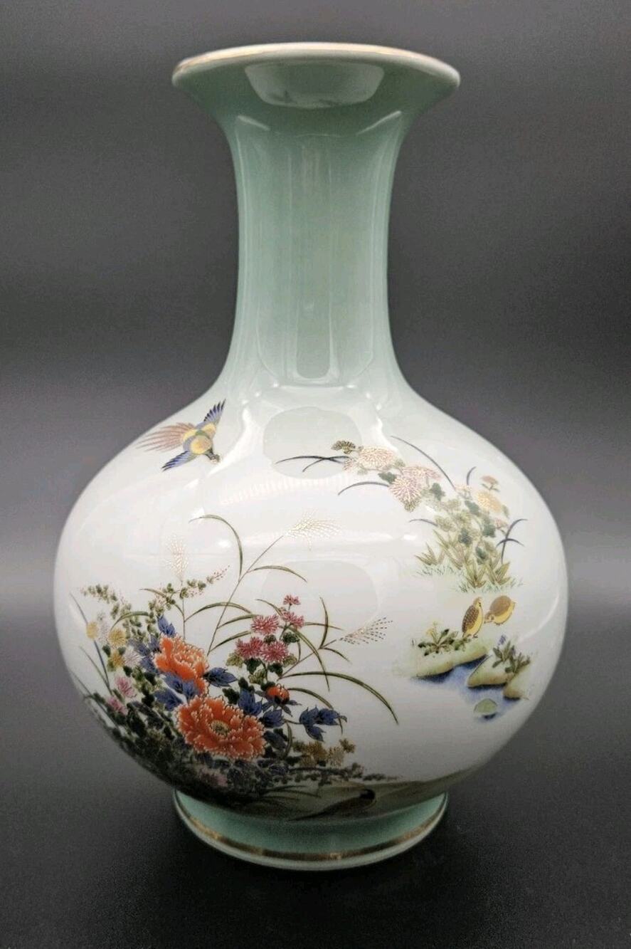 Vintage Japanese Meito 明陶 Porcelain Vase Birds Flowers Gold Accents Celadon...